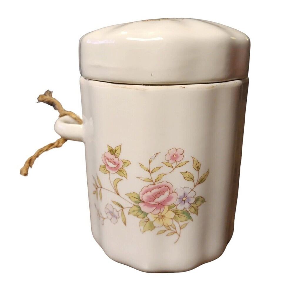 F.T.D.A. Sugar Bowl & Lid White Flowers Porcelain Slot‎ For Spoon VTG circa 1988